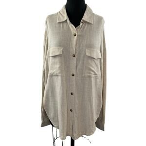 ASOS DESIGN Beige Linen Blend Long Sleeve Button-Up Collared Pocket Shirt 10T